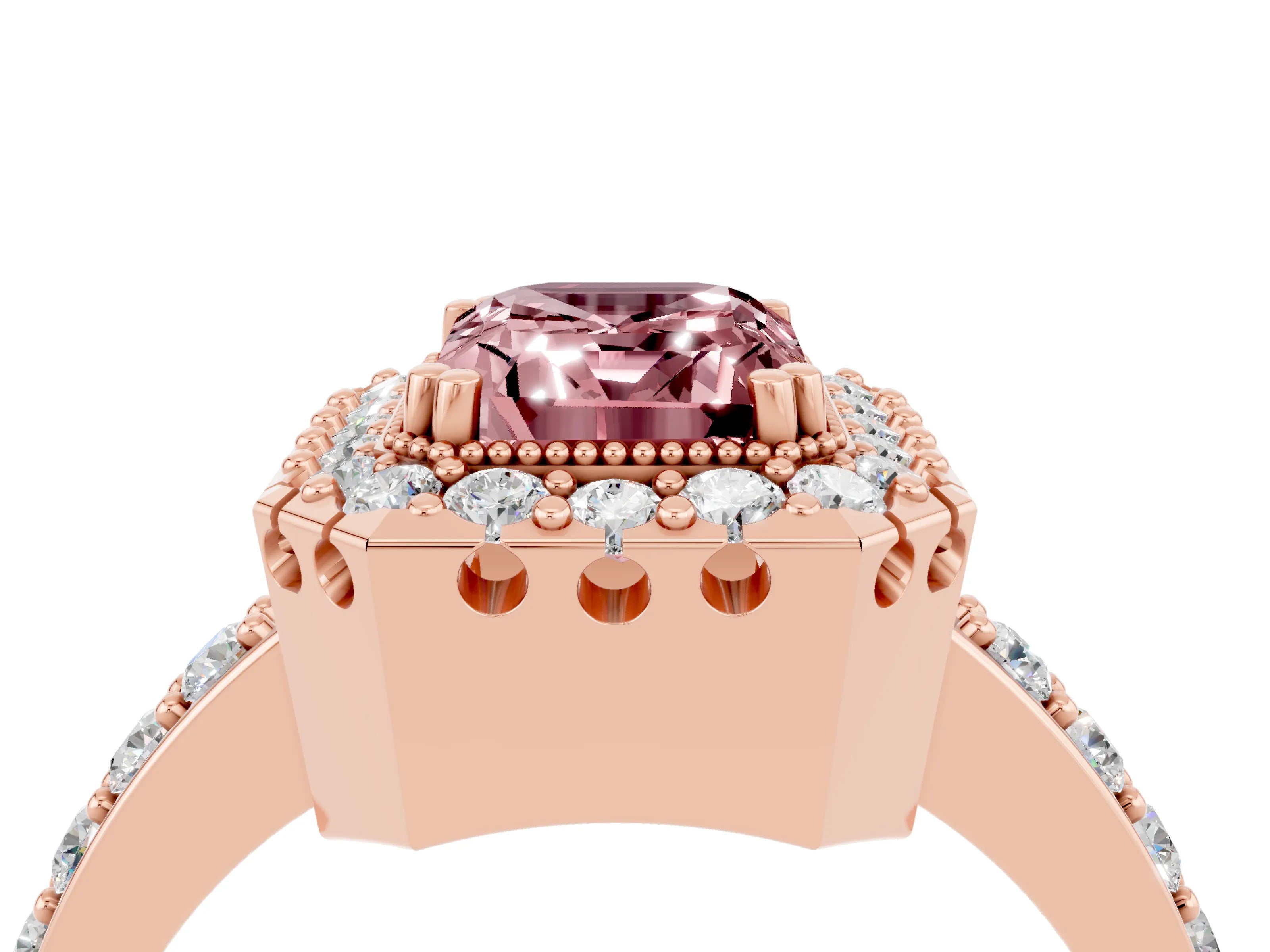 Rose gold Emerald Cut Diamond Halo Ring with Pavé Band and Prong Setting_4