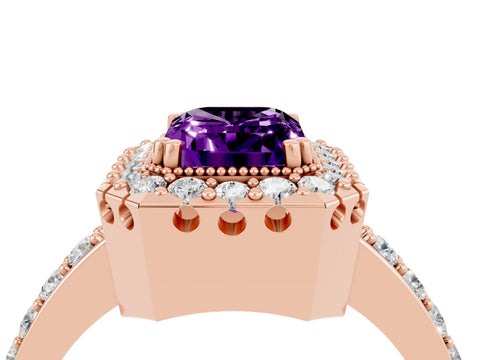 Rose gold Emerald Cut Diamond Halo Ring with Pavé Band and Prong Setting_4