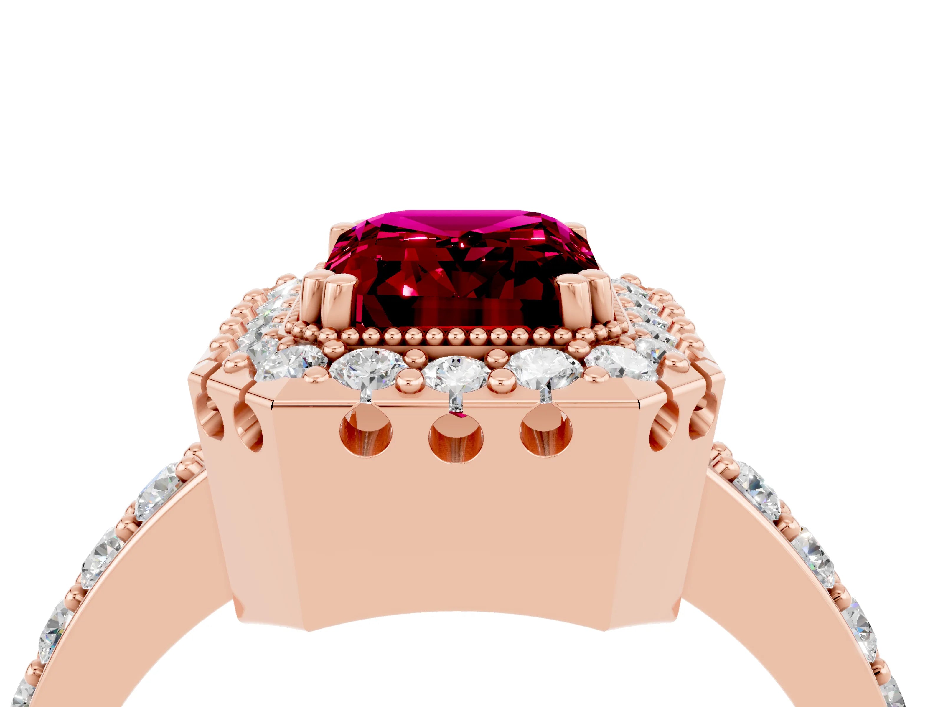 Rose gold Emerald Cut Diamond Halo Ring with Pavé Band and Prong Setting_4