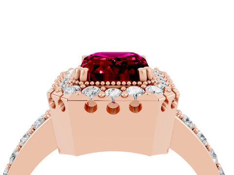 Rose gold Emerald Cut Diamond Halo Ring with Pavé Band and Prong Setting_4