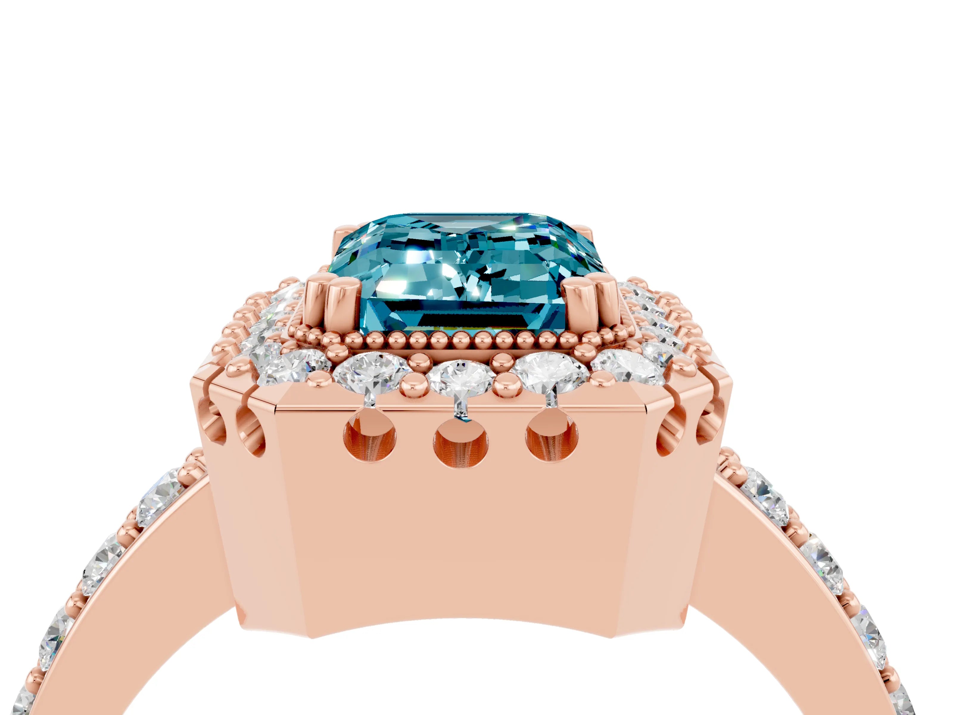 Rose gold Emerald Cut Diamond Halo Ring with Pavé Band and Prong Setting_4