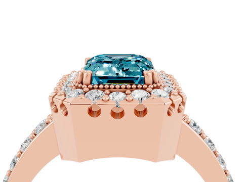 Rose gold Emerald Cut Diamond Halo Ring with Pavé Band and Prong Setting_4