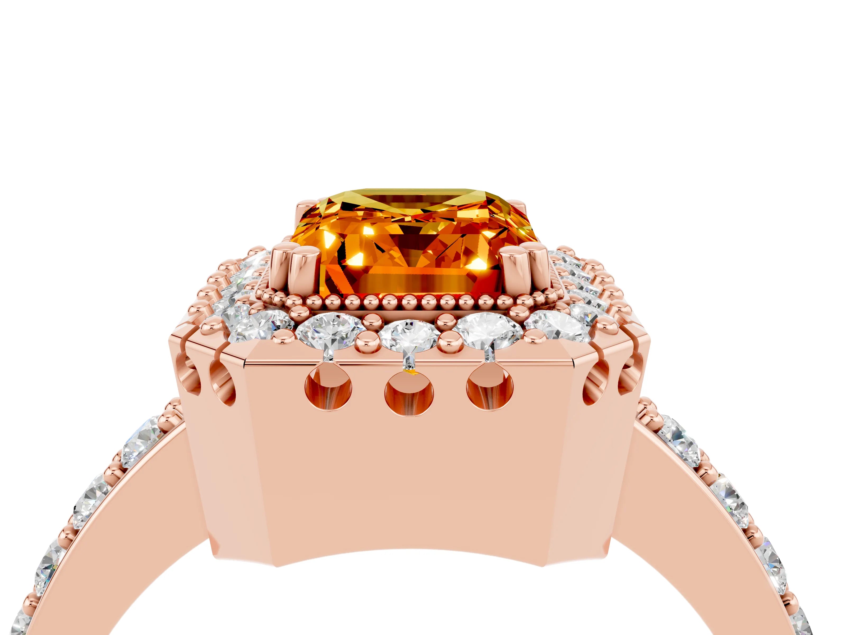 Rose gold Emerald Cut Diamond Halo Ring with Pavé Band and Prong Setting_4