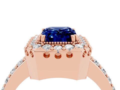 Rose gold Emerald Cut Diamond Halo Ring with Pavé Band and Prong Setting_4