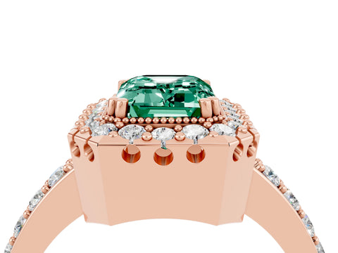 Rose gold Emerald Cut Diamond Halo Ring with Pavé Band and Prong Setting_4