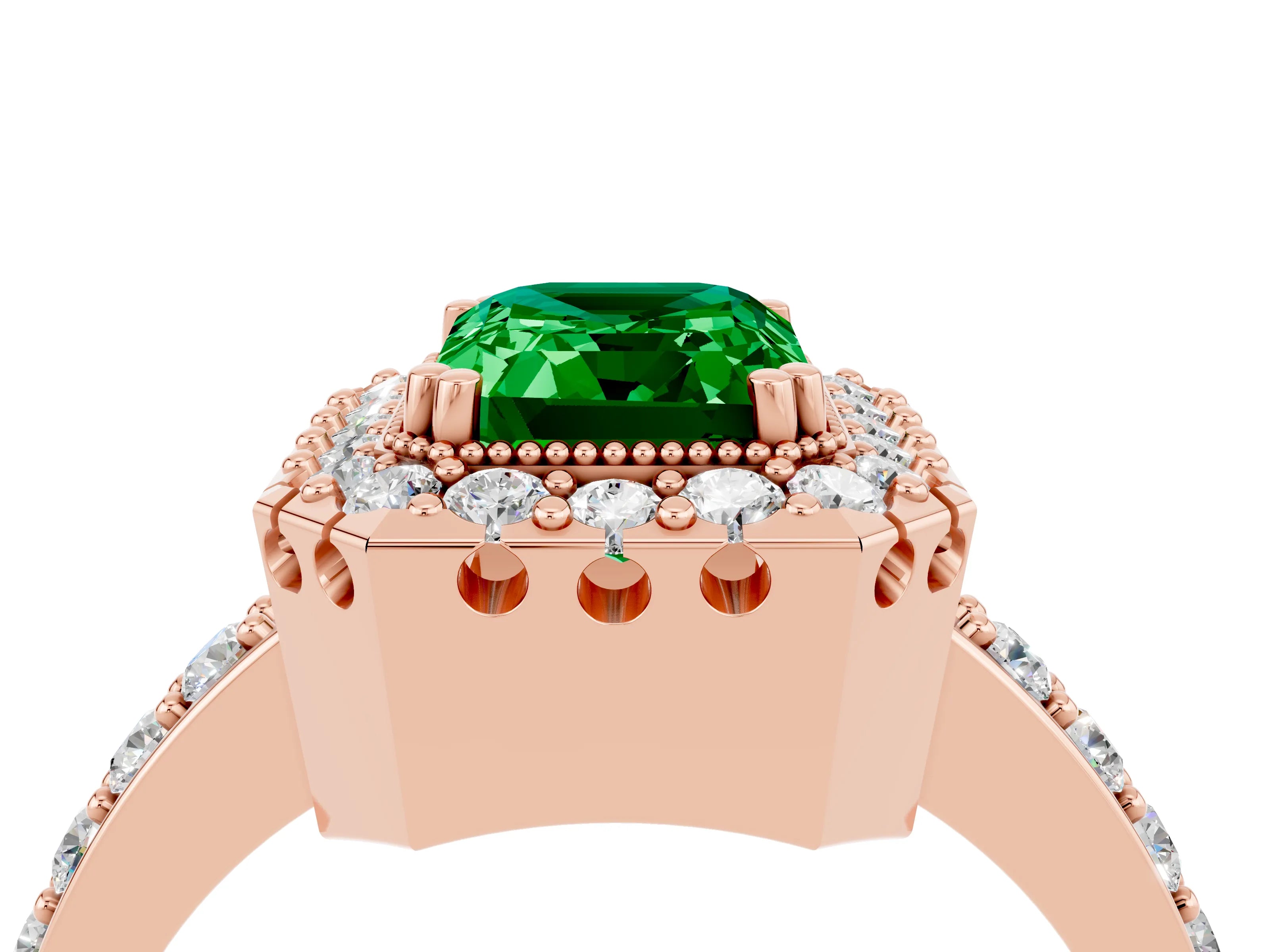 Rose gold Emerald Cut Diamond Halo Ring with Pavé Band and Prong Setting_4