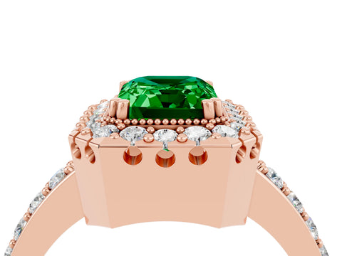 Rose gold Emerald Cut Diamond Halo Ring with Pavé Band and Prong Setting_4