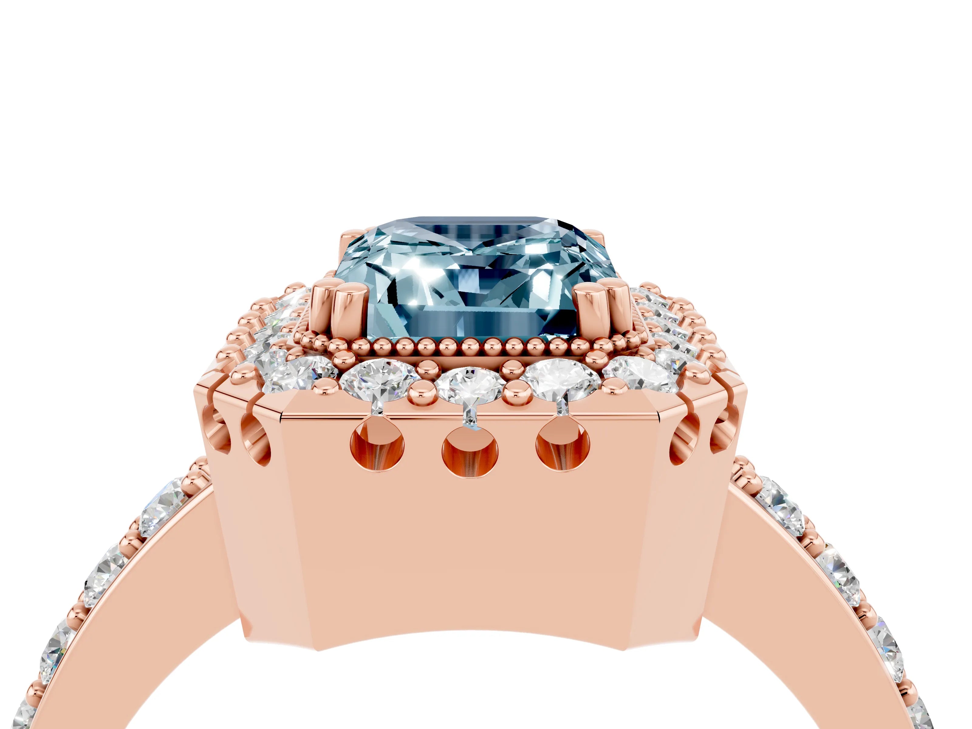 Rose gold Emerald Cut Diamond Halo Ring with Pavé Band and Prong Setting_4