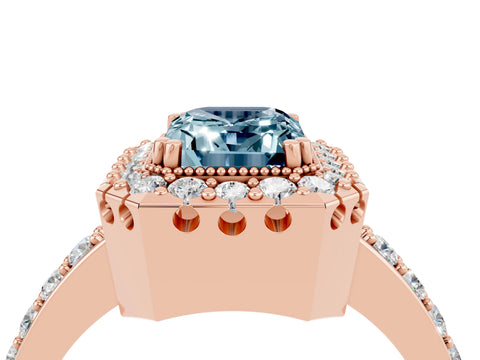 Rose gold Emerald Cut Diamond Halo Ring with Pavé Band and Prong Setting_4