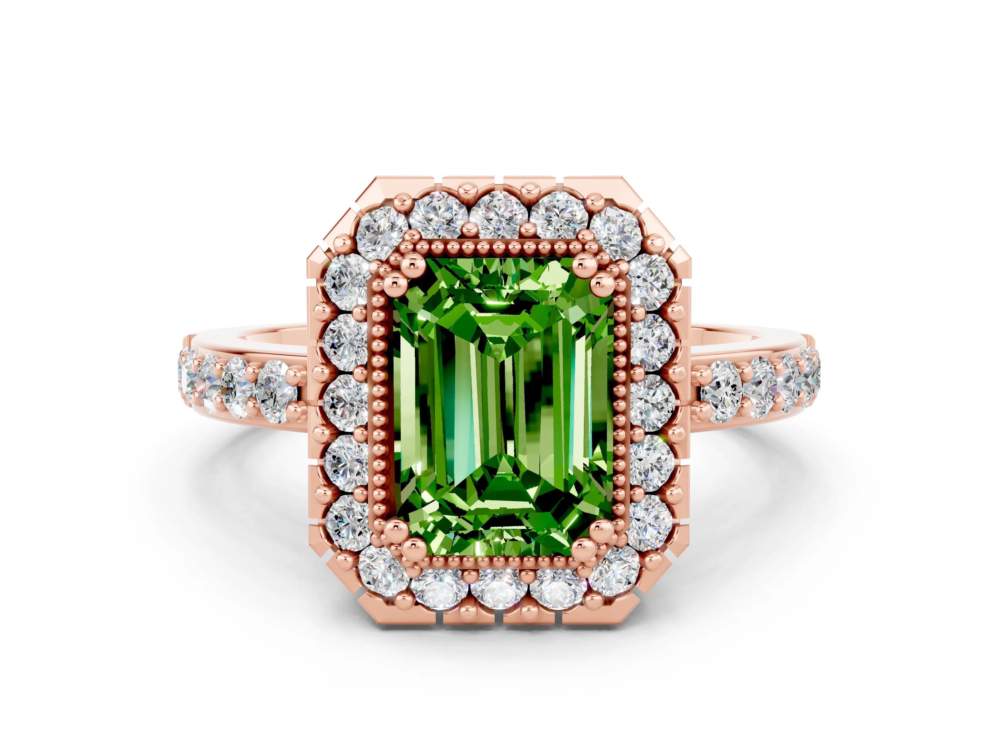 Rose gold Emerald Cut Diamond Halo Ring with Pavé Band and Prong Setting