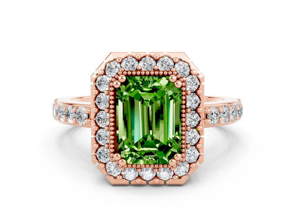 Rose gold Emerald Cut Peridot Halo Ring with Pavé Band and Prong Setting
