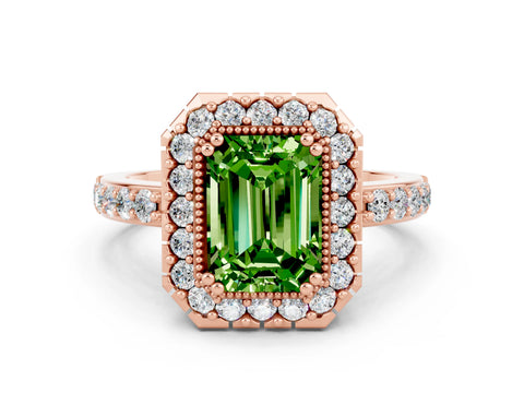 Rose gold Emerald Cut Diamond Halo Ring with Pavé Band and Prong Setting