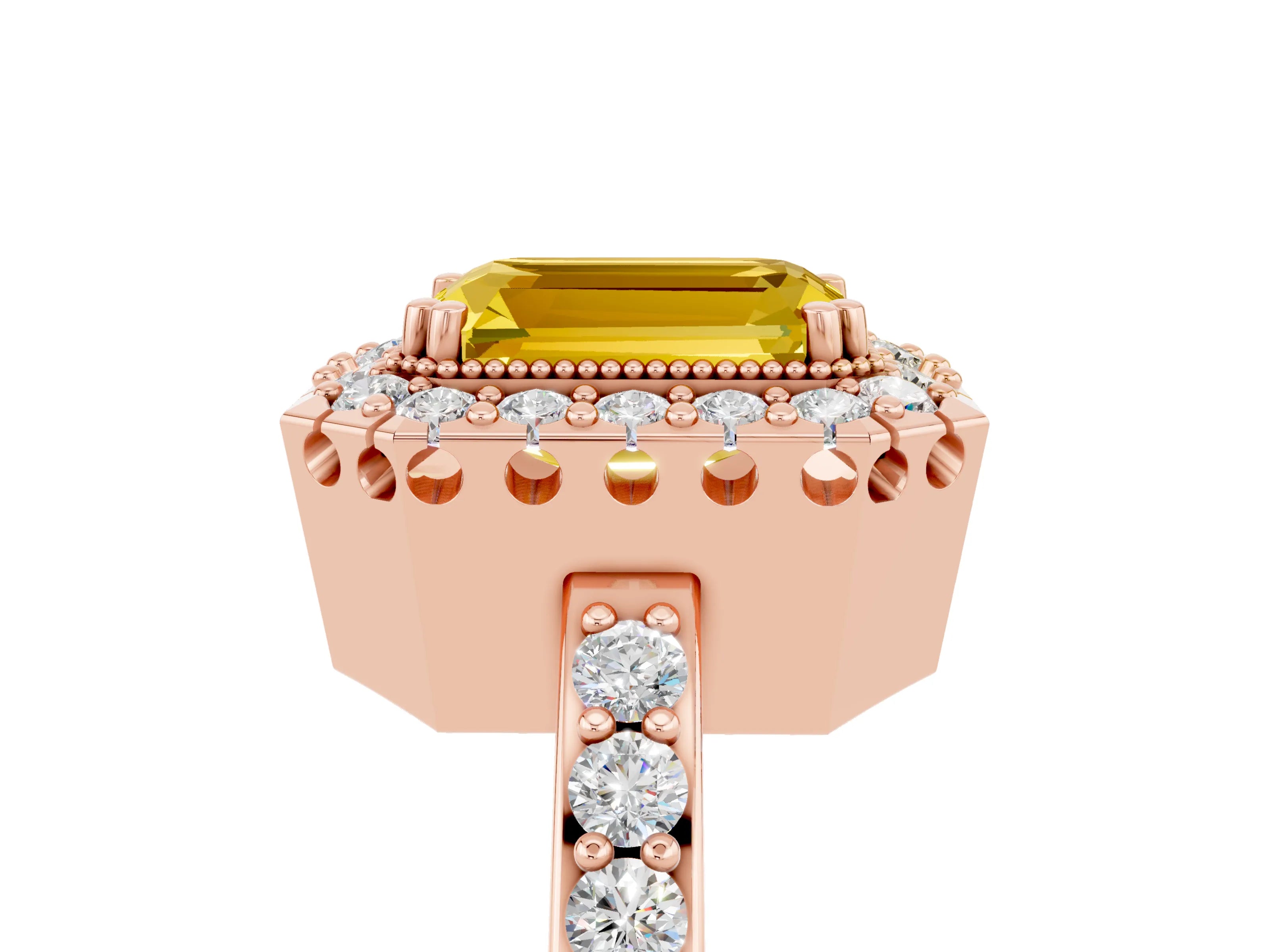 Rose gold Emerald Cut Diamond Halo Ring with Pavé Band and Prong Setting_5