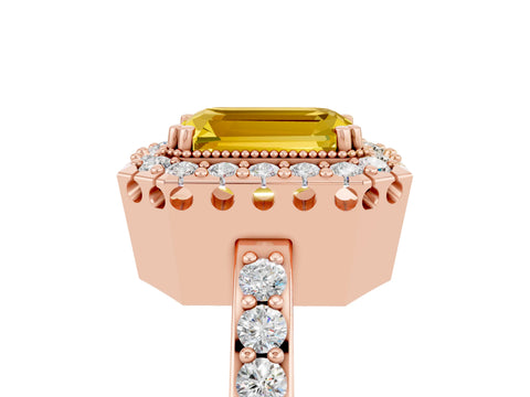 Rose gold Emerald Cut Diamond Halo Ring with Pavé Band and Prong Setting_5