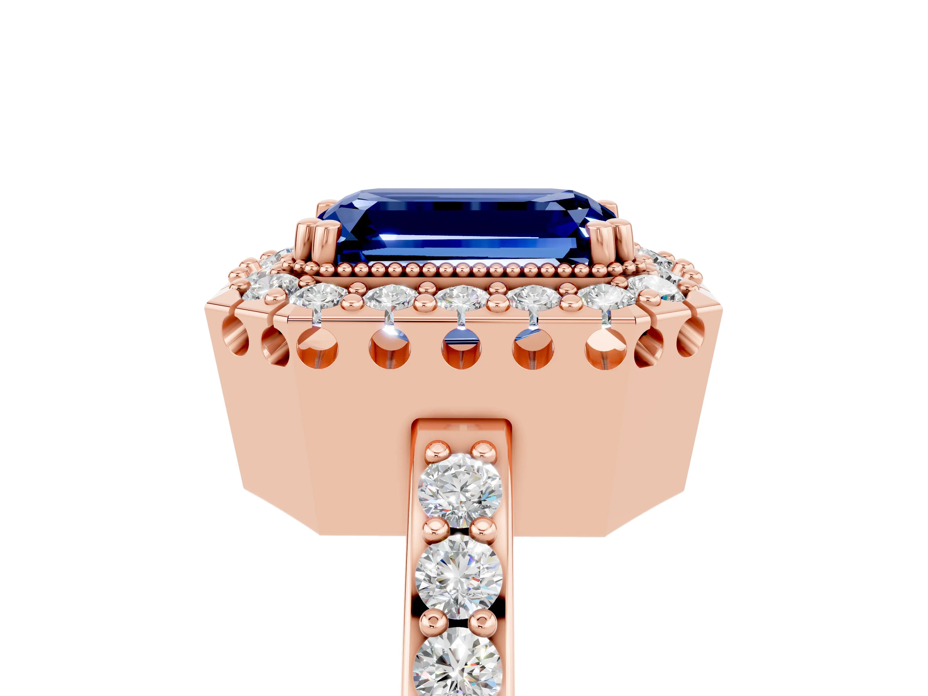 Rose gold Emerald Cut Diamond Halo Ring with Pavé Band and Prong Setting_5