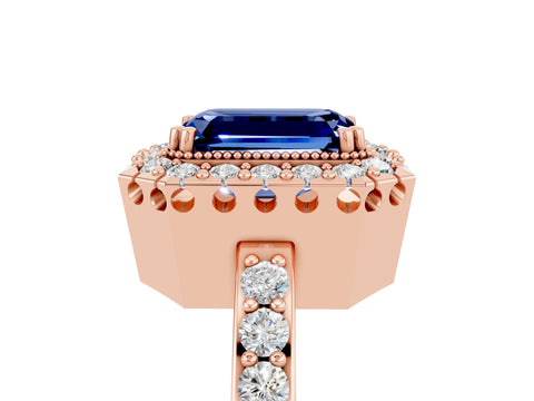 Rose gold Emerald Cut Diamond Halo Ring with Pavé Band and Prong Setting_5
