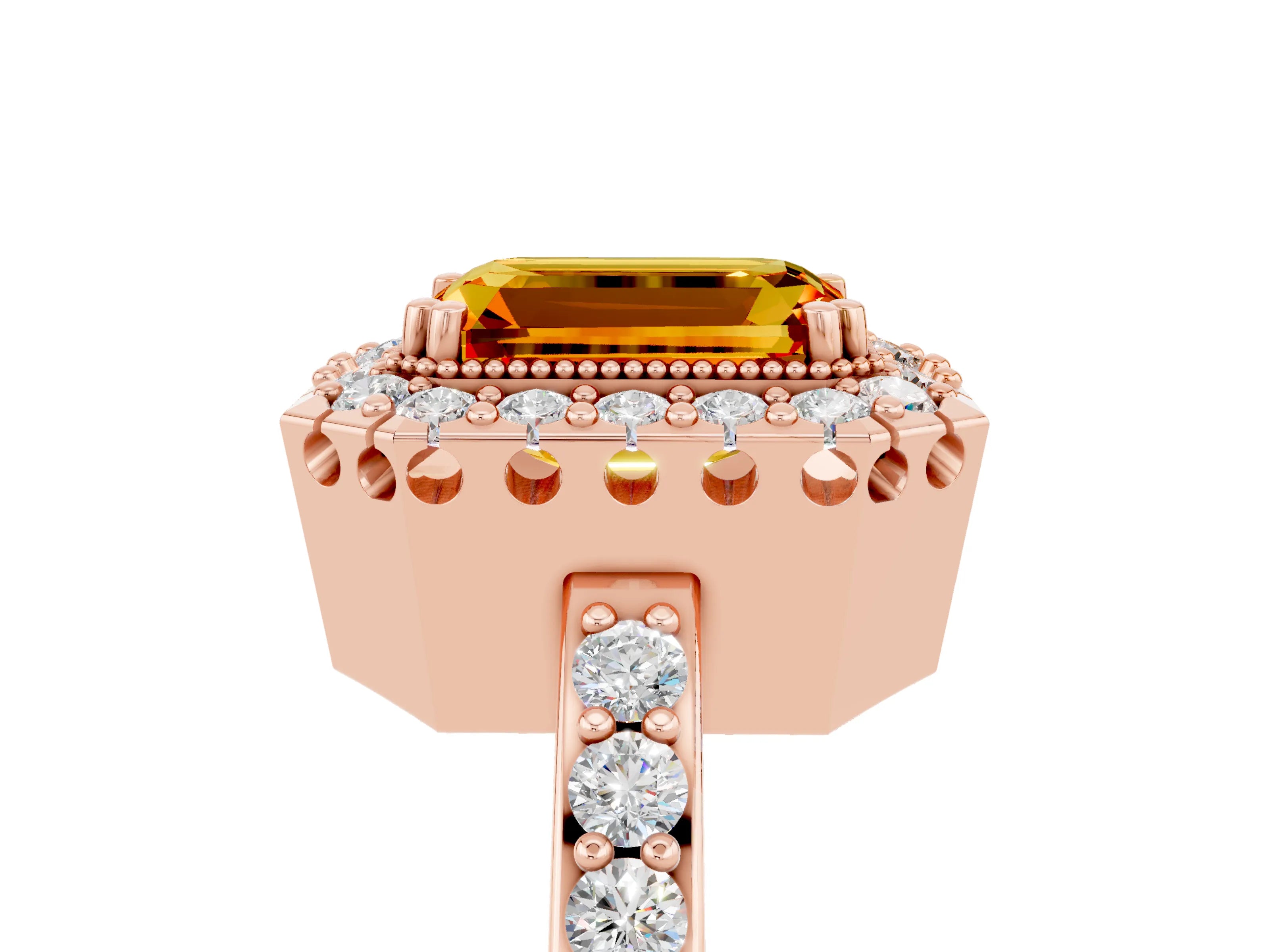Rose gold Emerald Cut Diamond Halo Ring with Pavé Band and Prong Setting_5