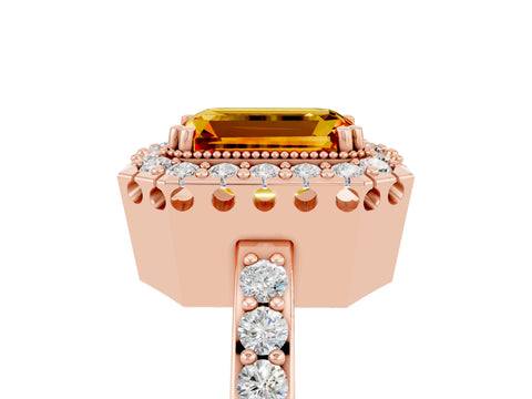 Rose gold Emerald Cut Diamond Halo Ring with Pavé Band and Prong Setting_5