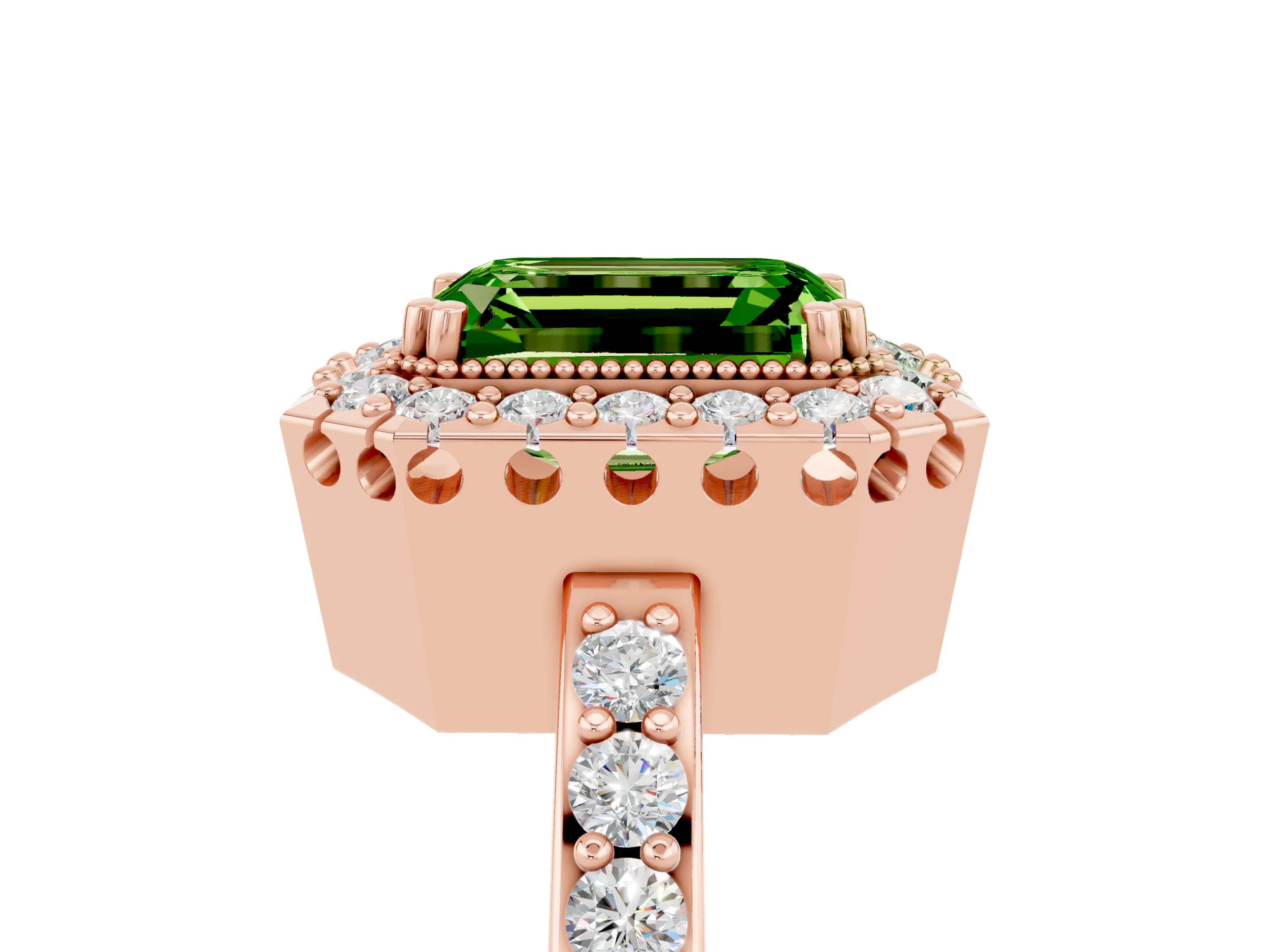 Rose gold Emerald Cut Diamond Halo Ring with Pavé Band and Prong Setting_5