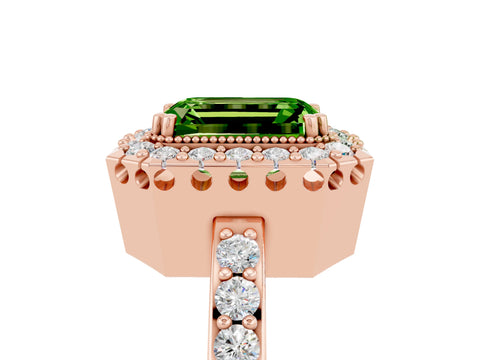 Rose gold Emerald Cut Diamond Halo Ring with Pavé Band and Prong Setting_5