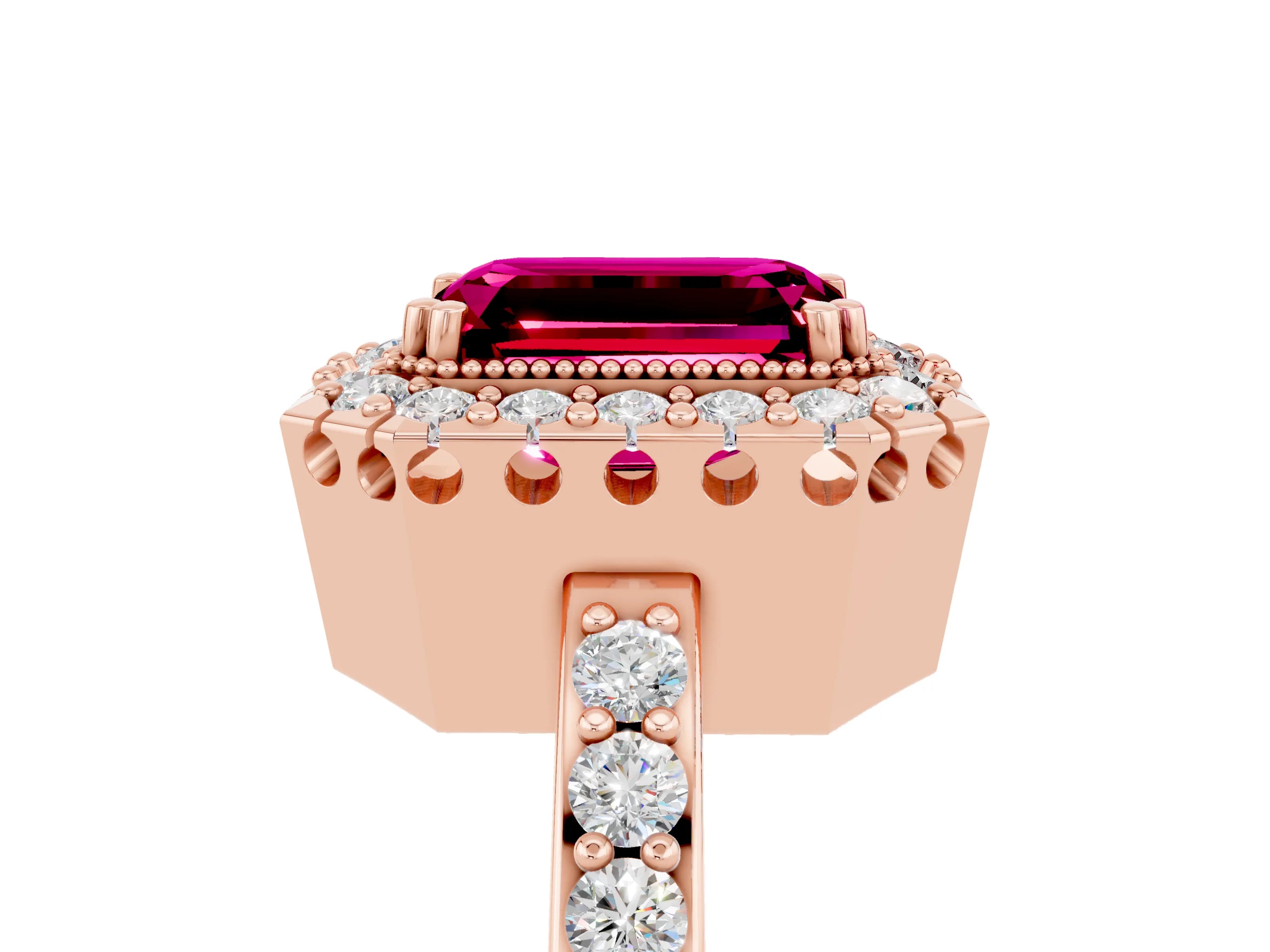 Rose gold Emerald Cut Diamond Halo Ring with Pavé Band and Prong Setting_5