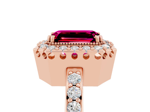 Rose gold Emerald Cut Diamond Halo Ring with Pavé Band and Prong Setting_5
