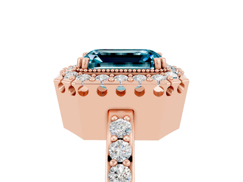 Rose gold Emerald Cut Diamond Halo Ring with Pavé Band and Prong Setting_5