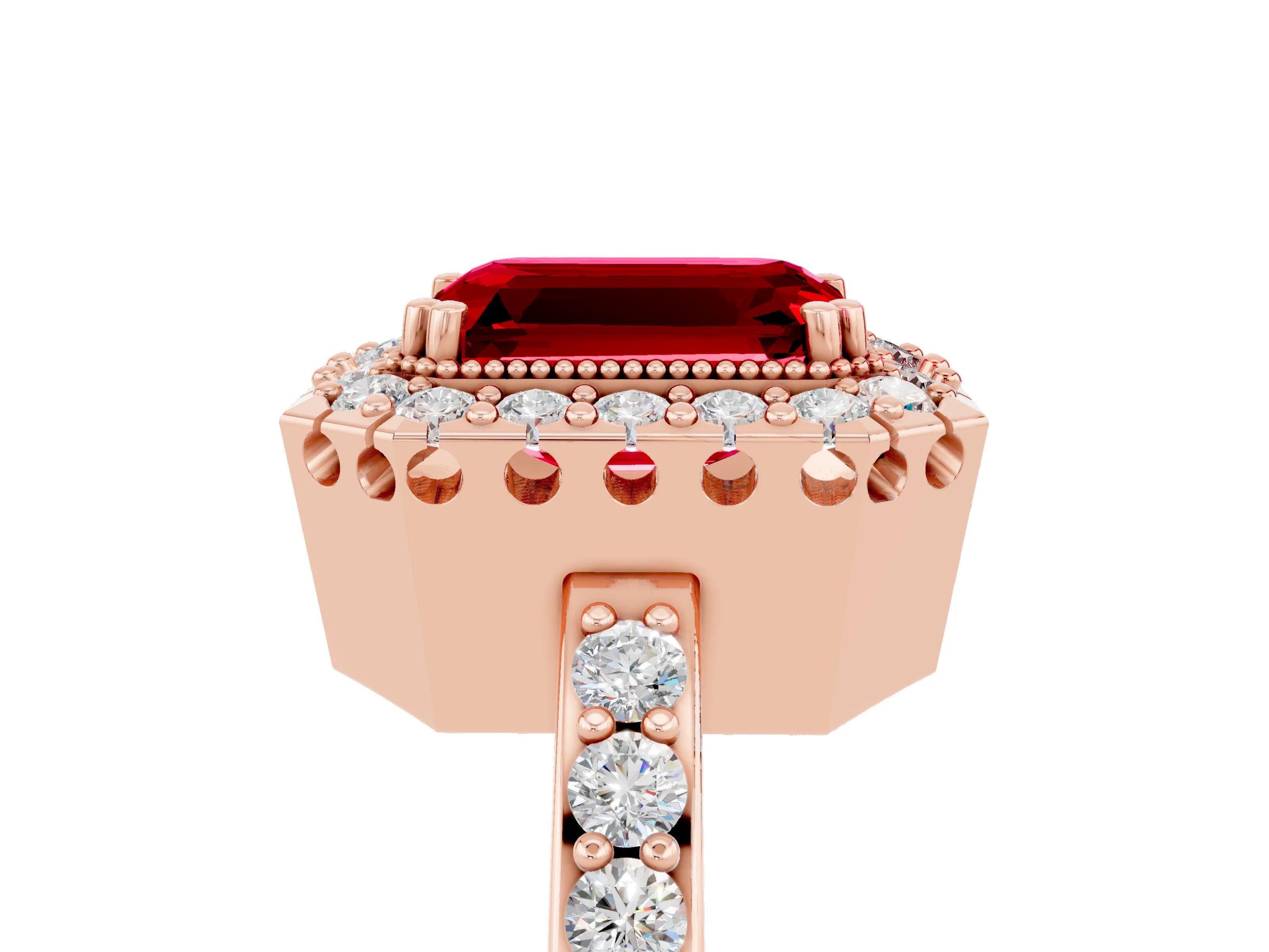 Rose gold Emerald Cut Diamond Halo Ring with Pavé Band and Prong Setting_5