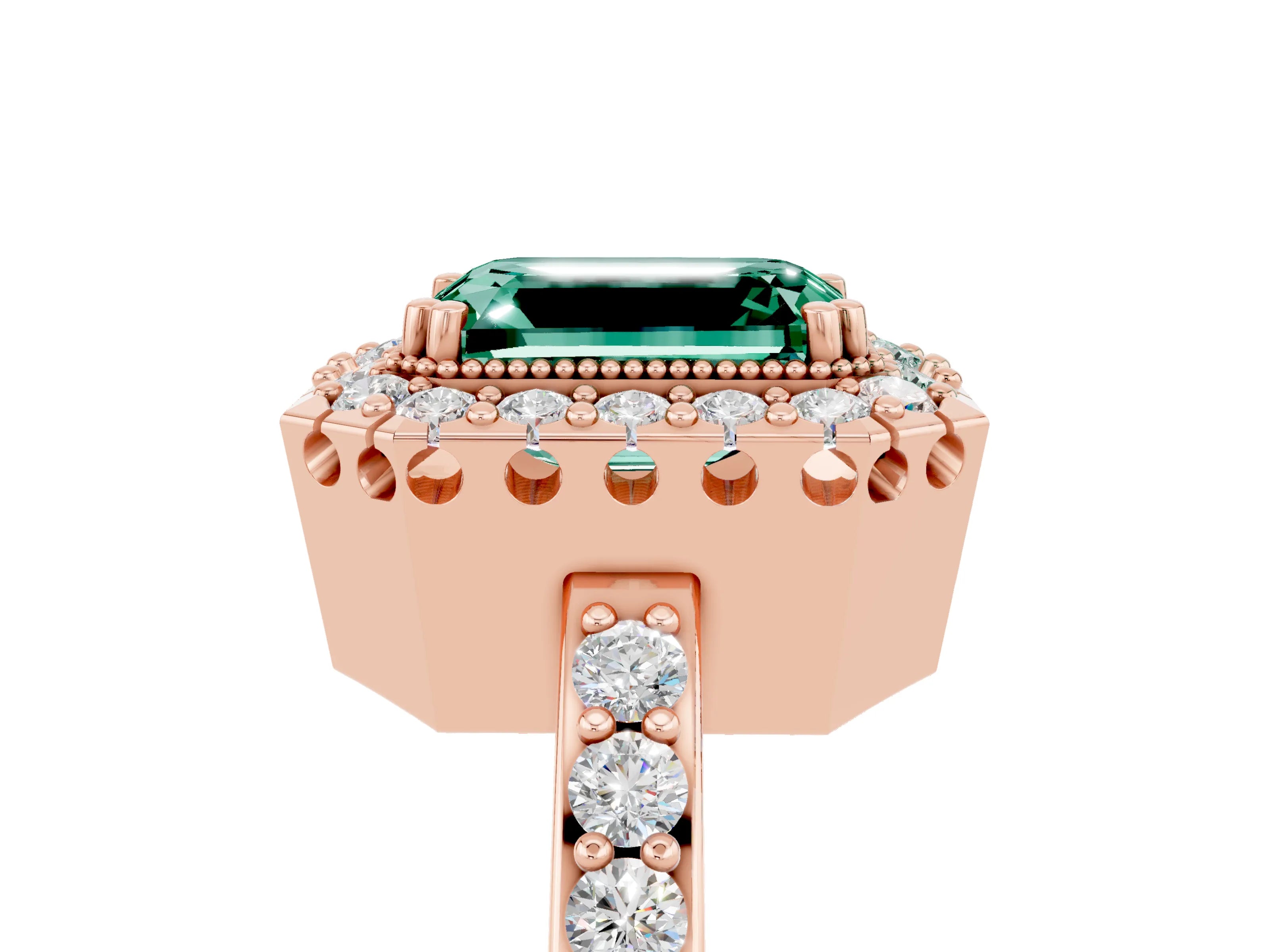 Rose gold Emerald Cut Diamond Halo Ring with Pavé Band and Prong Setting_5