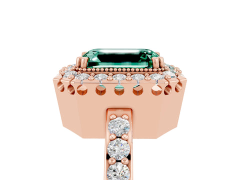 Rose gold Emerald Cut Diamond Halo Ring with Pavé Band and Prong Setting_5