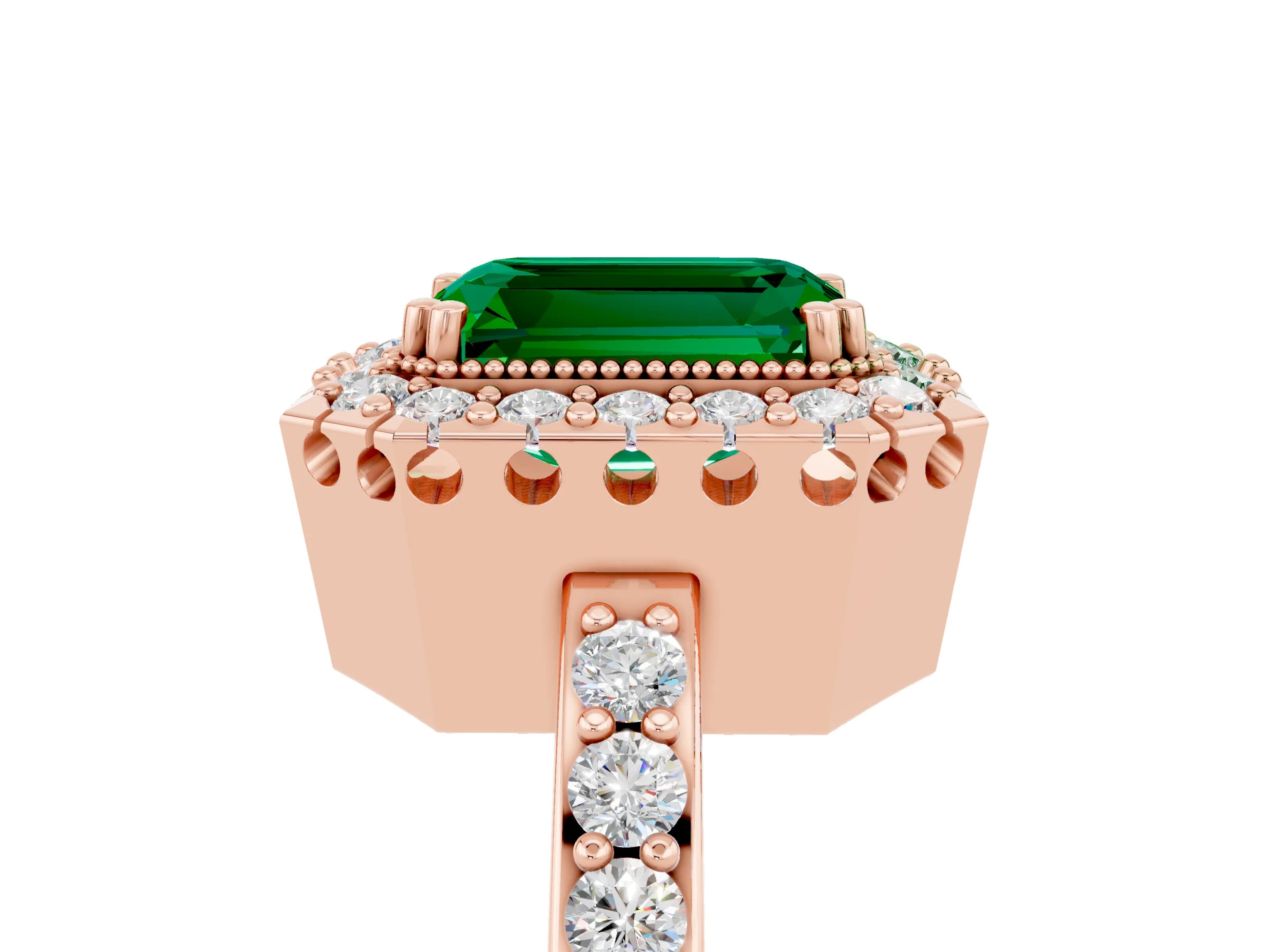 Rose gold Emerald Cut Diamond Halo Ring with Pavé Band and Prong Setting_5