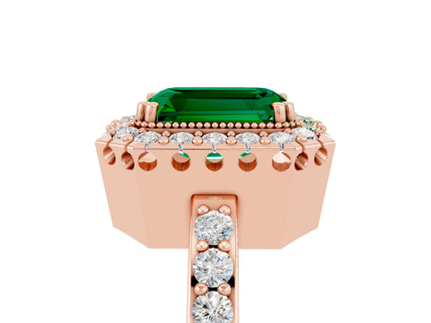 Rose gold Emerald Cut Diamond Halo Ring with Pavé Band and Prong Setting_5