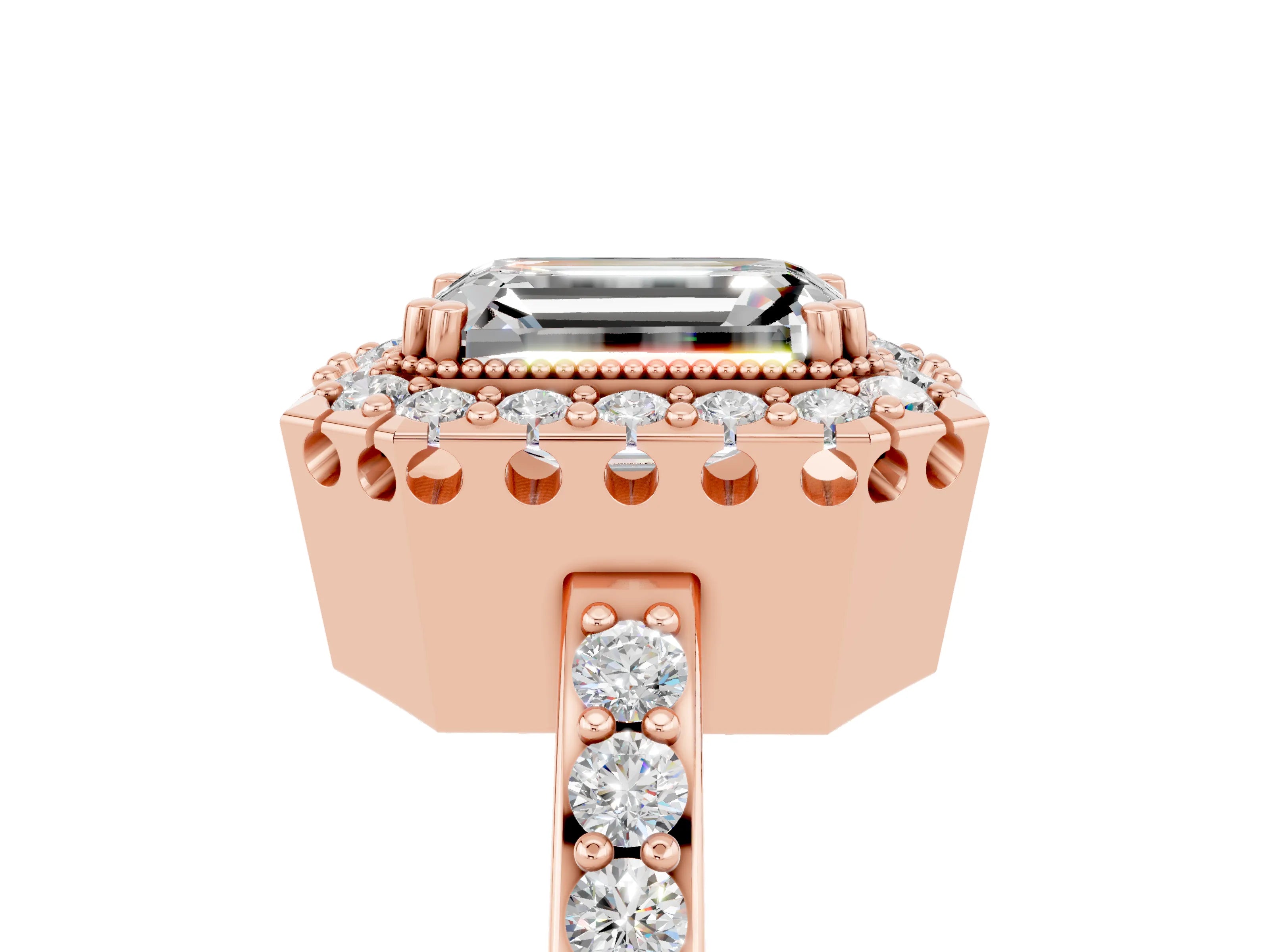Rose gold Emerald Cut Diamond Halo Ring with Pavé Band and Prong Setting_5