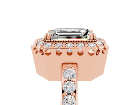 Rose gold Emerald Cut Diamond Halo Ring with Pavé Band and Prong Setting_5
