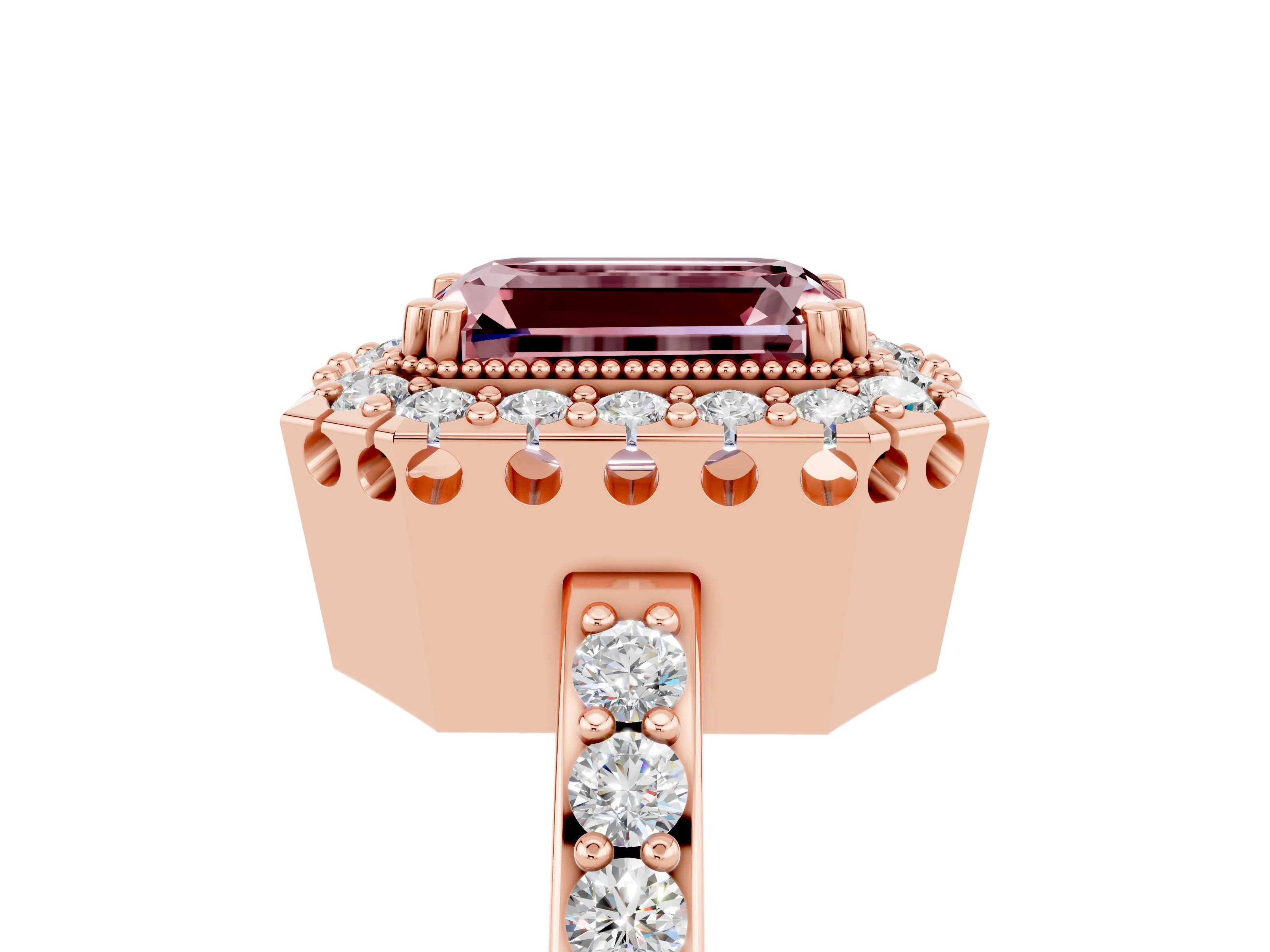 Rose gold Emerald Cut Diamond Halo Ring with Pavé Band and Prong Setting_5