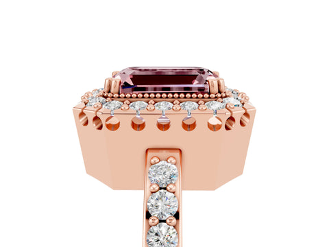 Rose gold Emerald Cut Diamond Halo Ring with Pavé Band and Prong Setting_5