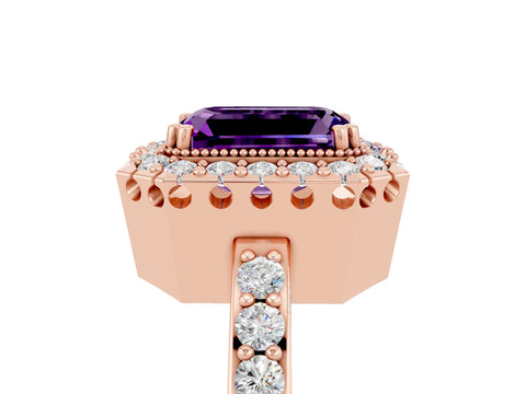 Rose gold Emerald Cut Diamond Halo Ring with Pavé Band and Prong Setting_5