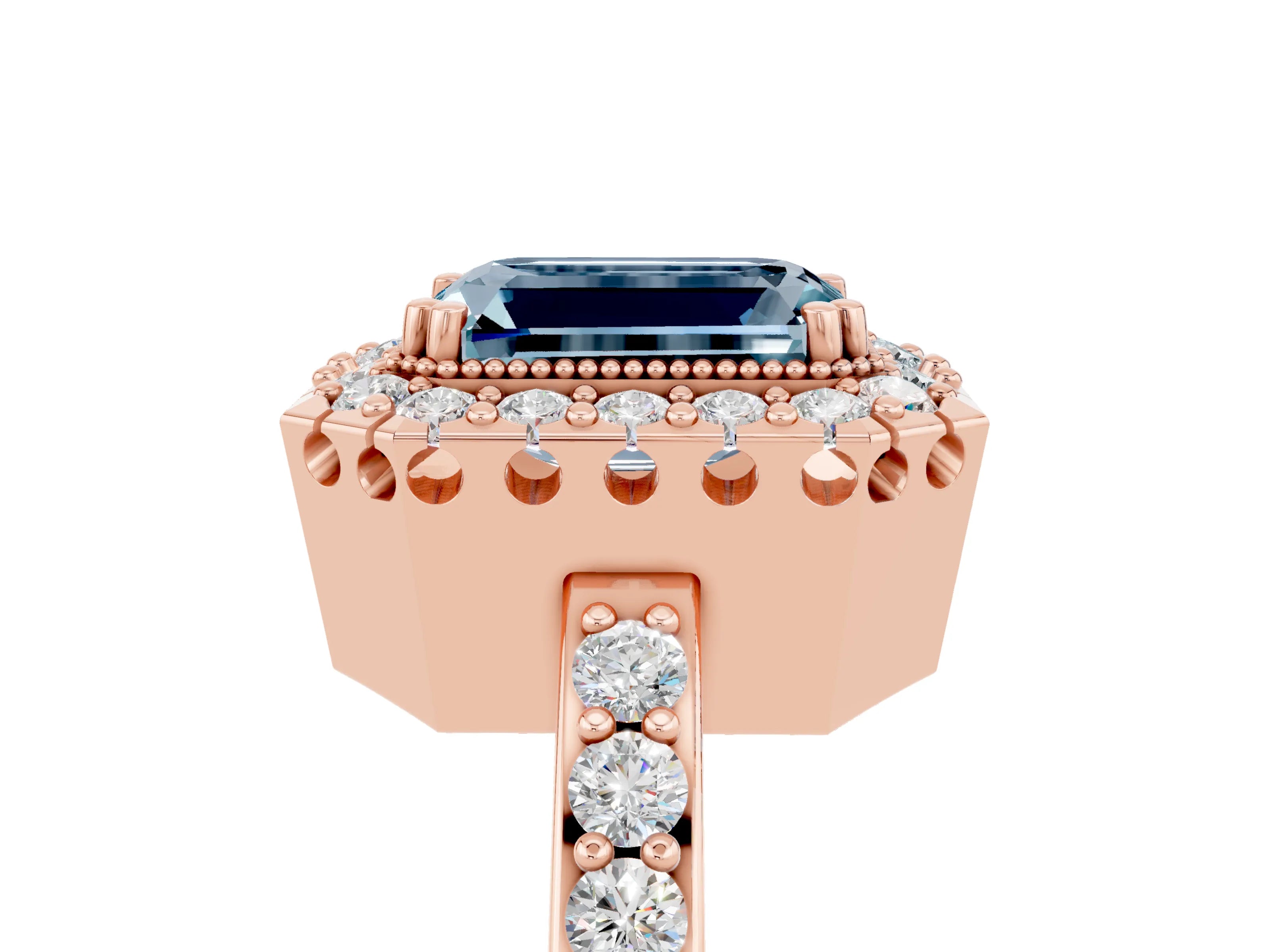 Rose gold Emerald Cut Diamond Halo Ring with Pavé Band and Prong Setting_5