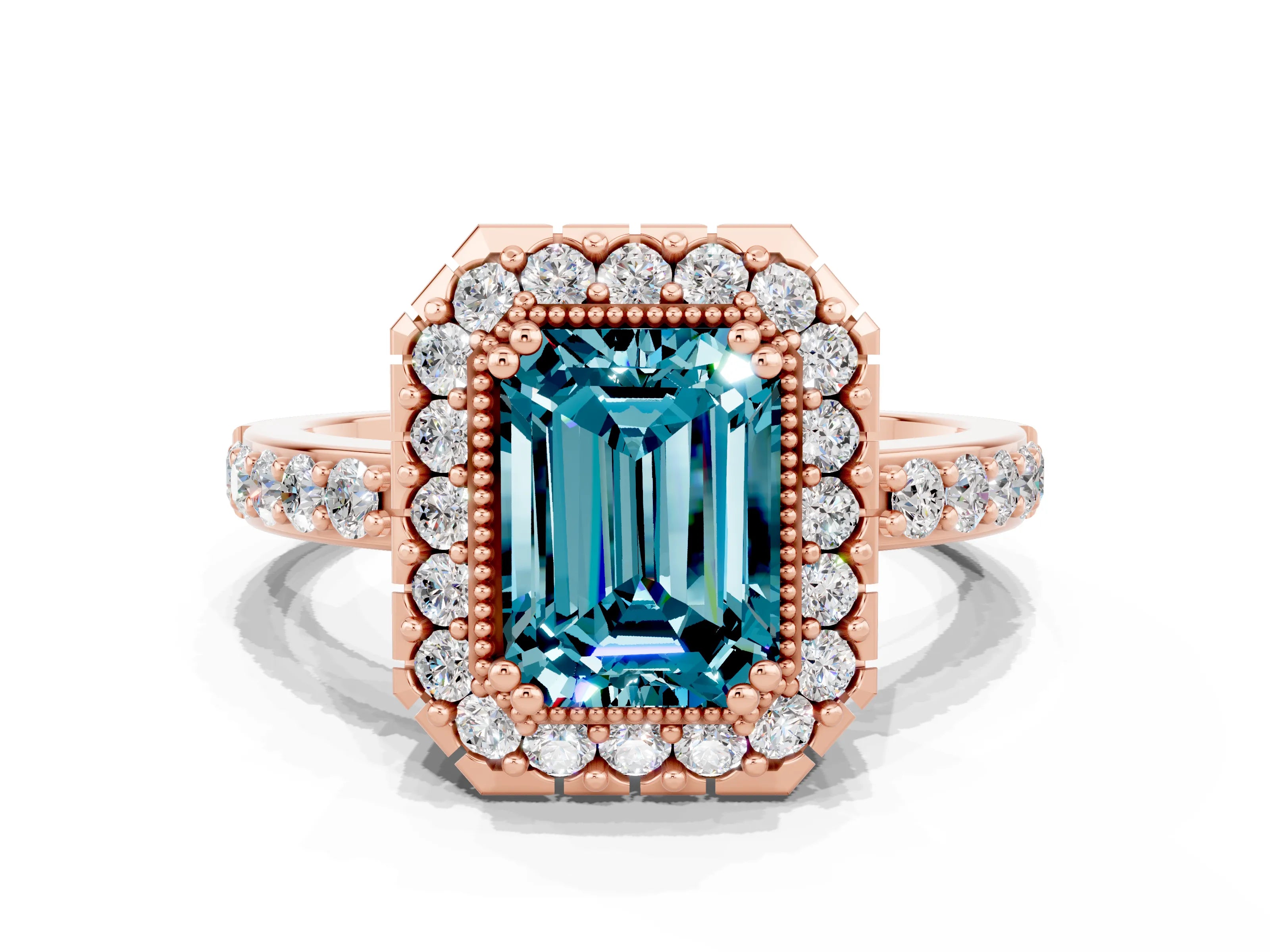 Rose gold Emerald Cut Diamond Halo Ring with Pavé Band and Prong Setting