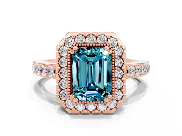 Rose gold Emerald Cut Blue Topaz Halo Ring with Pavé Band and Prong Setting