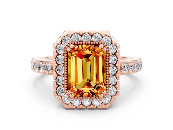 Rose gold Emerald Cut Citrine Halo Ring with Pavé Band and Prong Setting