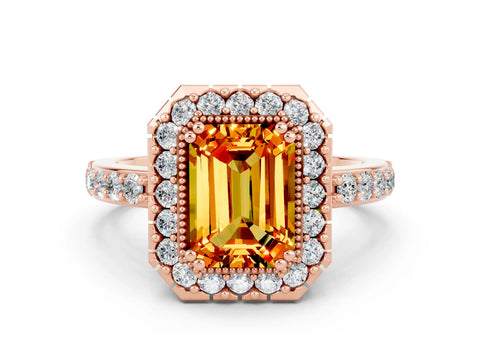 Rose gold Emerald Cut Diamond Halo Ring with Pavé Band and Prong Setting