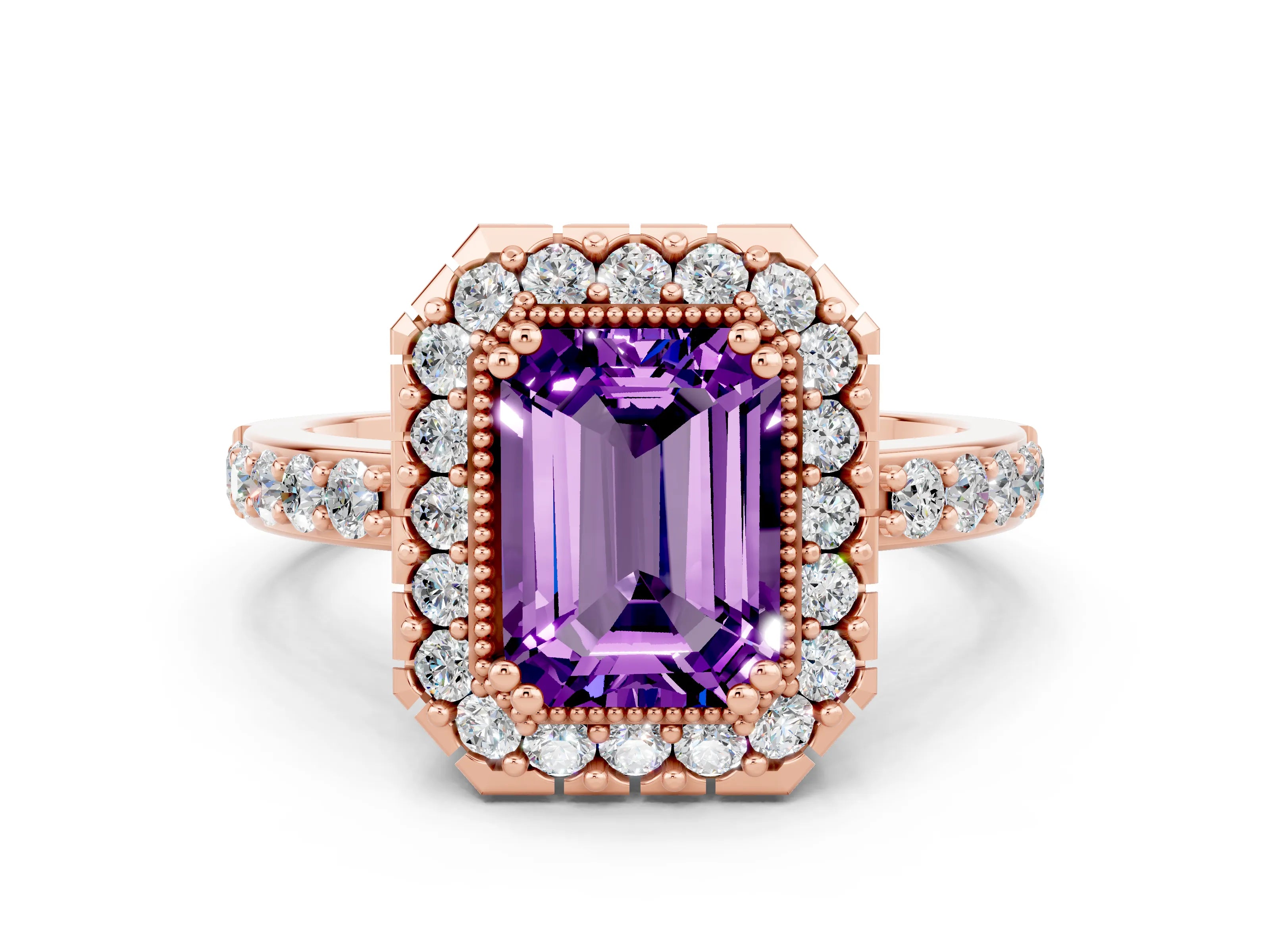 Rose gold Emerald Cut Diamond Halo Ring with Pavé Band and Prong Setting