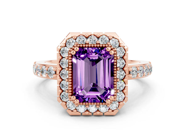 Rose gold Emerald Cut Amethyst Halo Ring with Pavé Band and Prong Setting