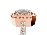 Rose gold Emerald Cut Diamond Halo Ring with Pavé Band and Prong Setting_8