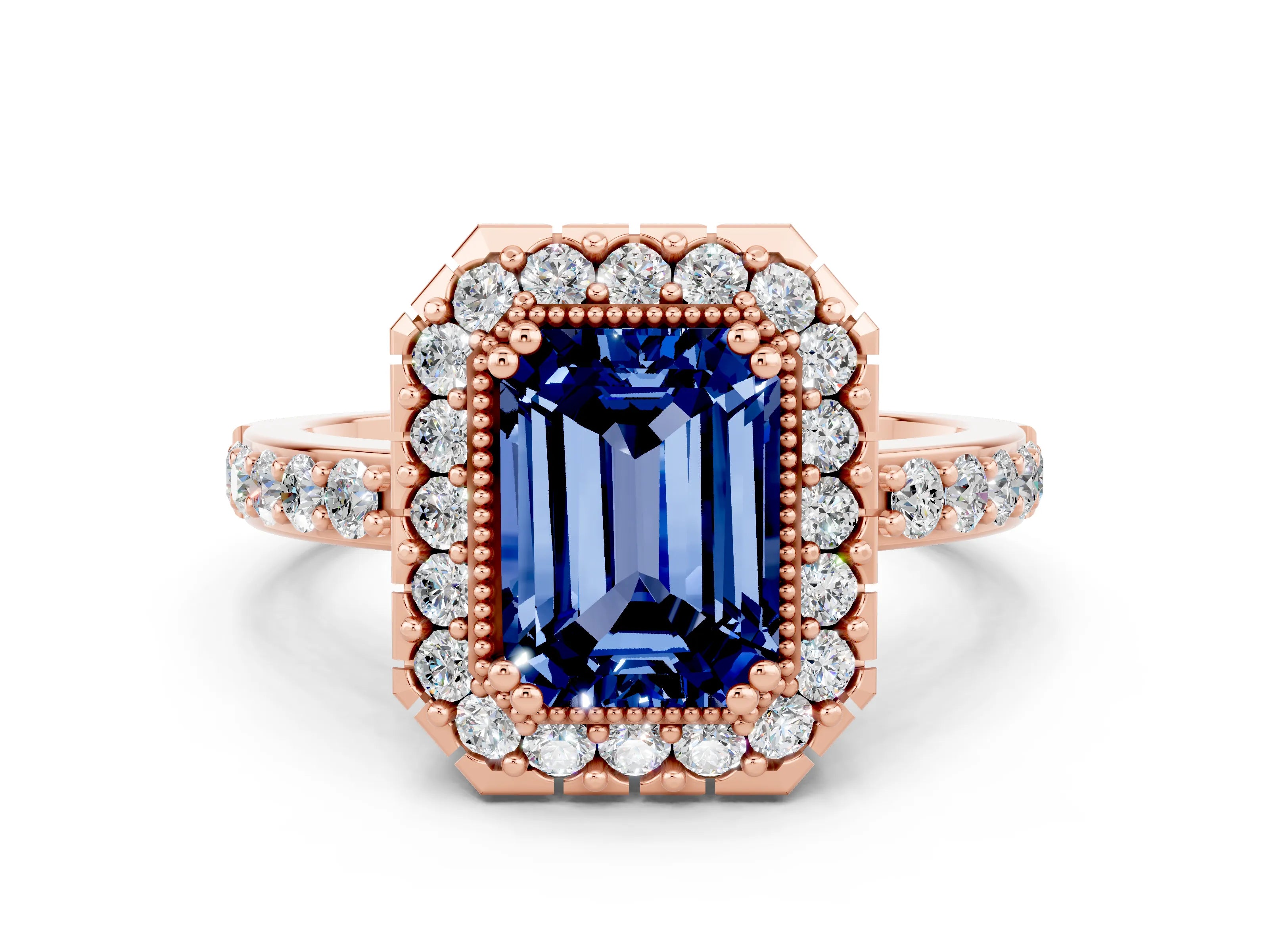Rose gold Emerald Cut Diamond Halo Ring with Pavé Band and Prong Setting