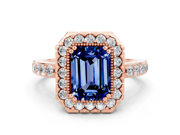 Rose gold Emerald Cut Blue Sapphire Halo Ring with Pavé Band and Prong Setting