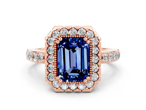 Rose gold Emerald Cut Diamond Halo Ring with Pavé Band and Prong Setting
