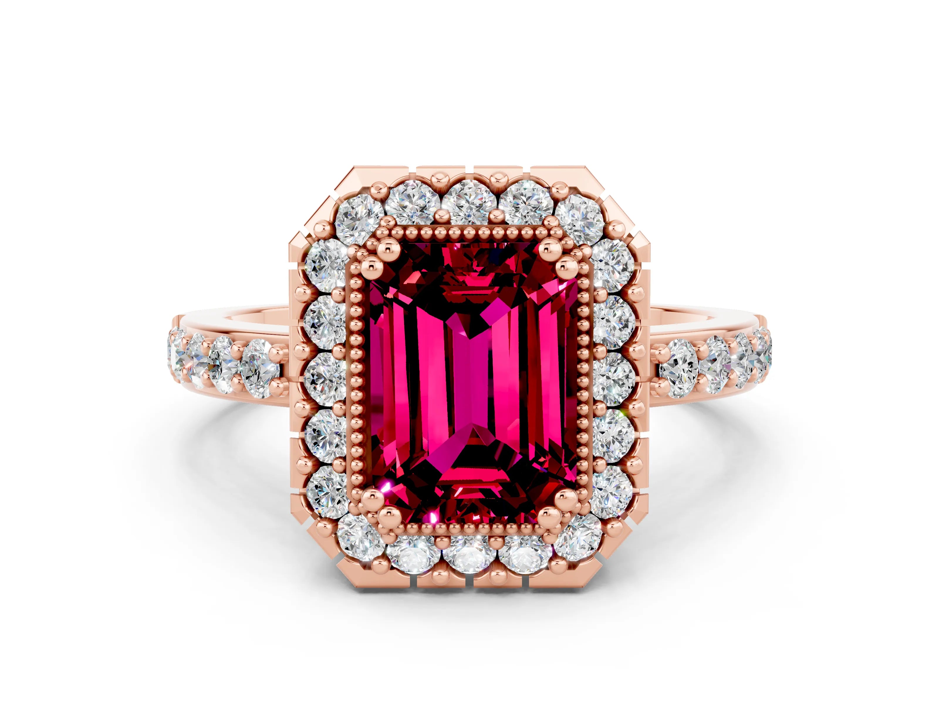 Rose gold Emerald Cut Diamond Halo Ring with Pavé Band and Prong Setting