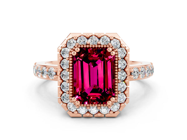 Rose gold Emerald Cut Garnet Halo Ring with Pavé Band and Prong Setting